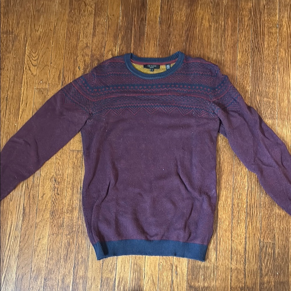 Ted Baker London Red and Blue Crewneck Sweater with Ribbed Cuffs